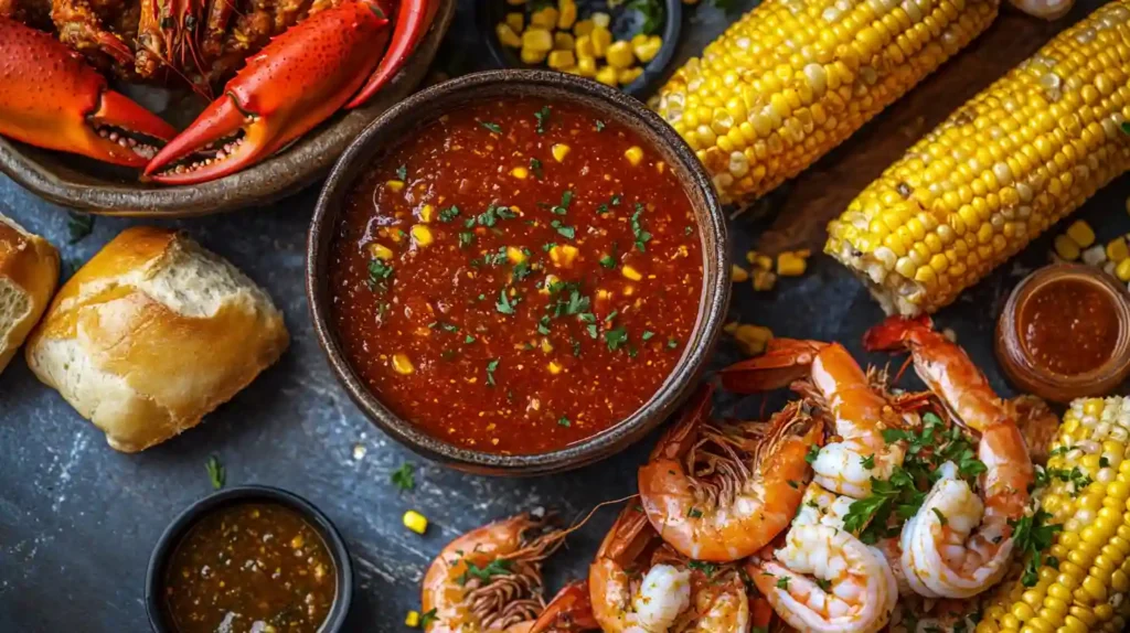 Close-up of a rich seafood boil sauce poured over shrimp and crab. 