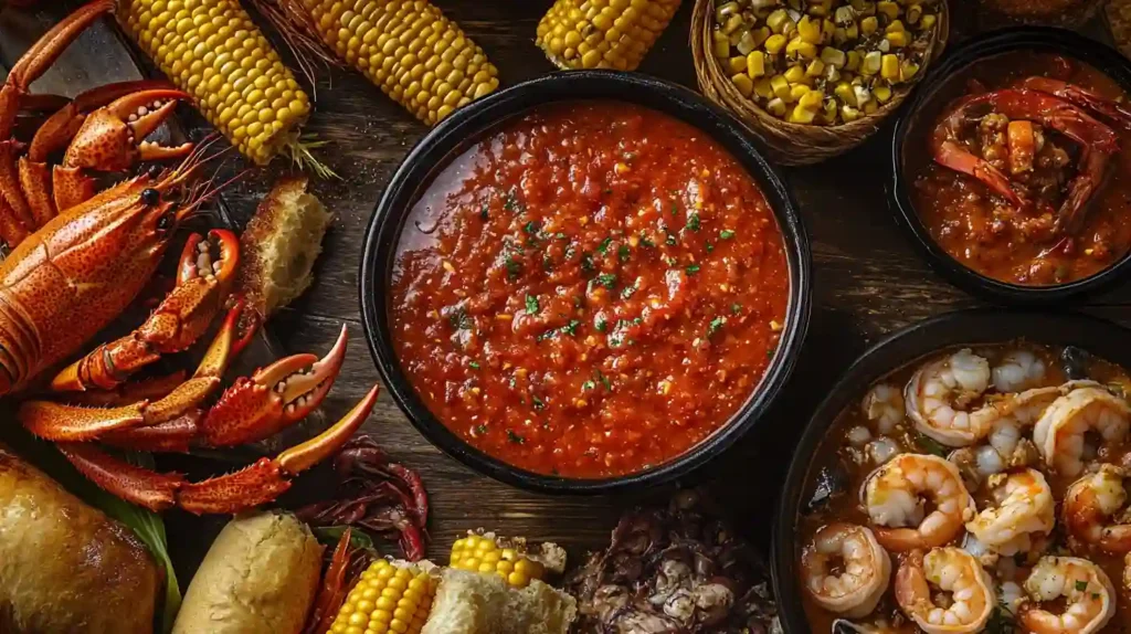 Close-up of a rich seafood boil sauce poured over shrimp and crab.