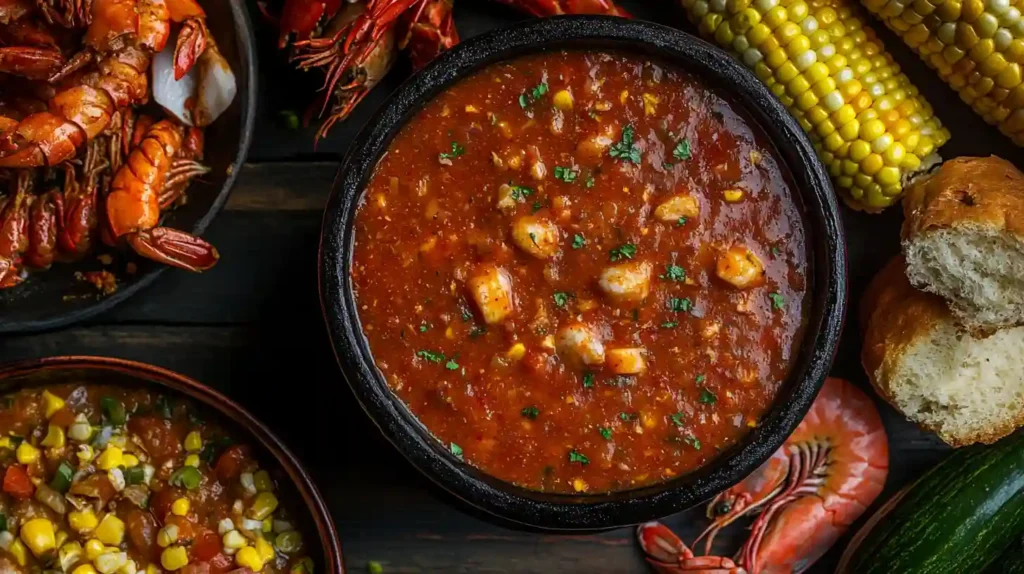 Close-up of a rich seafood boil sauce poured over shrimp and crab.