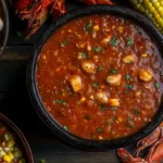 Close-up of a rich seafood boil sauce poured over shrimp and crab.