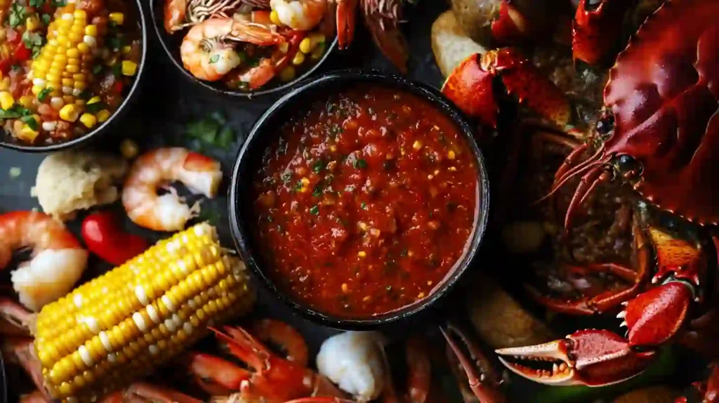 Close-up of a rich seafood boil sauce poured over shrimp and crab. 