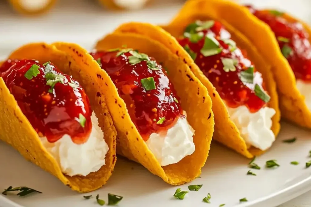 Uniformly shaped, African American-style corn tortilla filled with cream cheese and strawberry jam, served in small tacos on a white plate. Food photography, with other tacos in the background