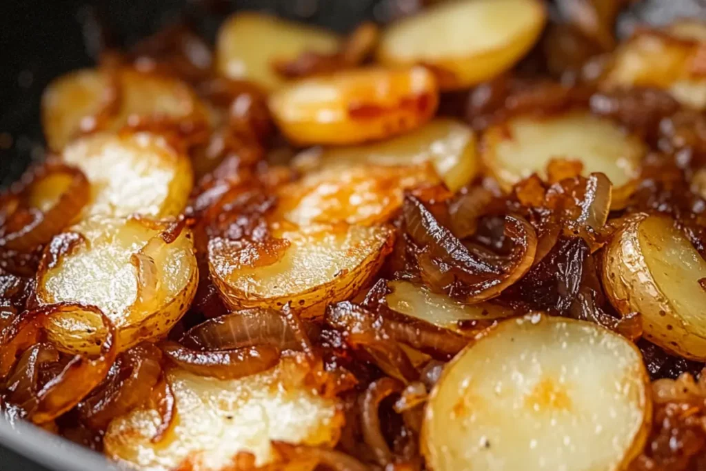 A close-up of sautéed potatoes, with golden-brown potato slices and lots of caramelized onions in the pan. . A gray background. The food looks delicious and mouthwatering