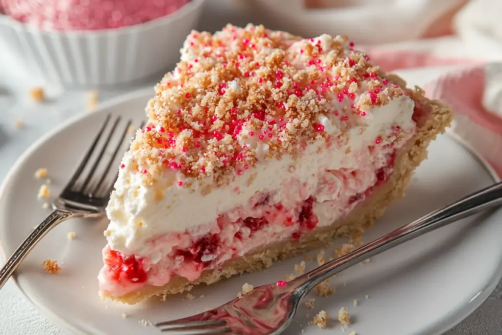 A slice of strawberry cream cheese pie with a crumbly white topping, served on a white plate with a fork beside it. In the background, there is an empty tablecloth and a spiral-shaped box of pink glitter sugar sprinkles. This is a food photography image, captured from the side in close-up, high resolution