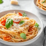 A pan of cooked pasta with tomatoes, basil, and garlic.