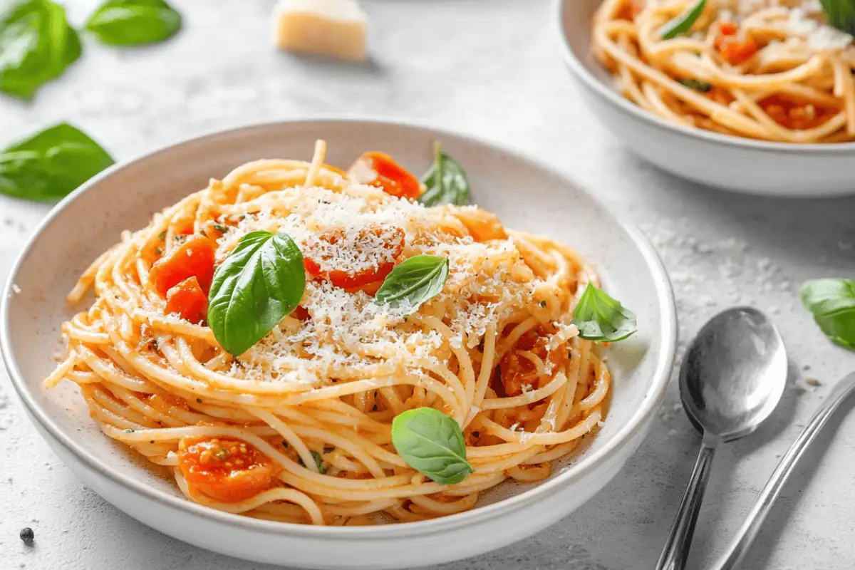 A pan of cooked pasta with tomatoes, basil, and garlic.