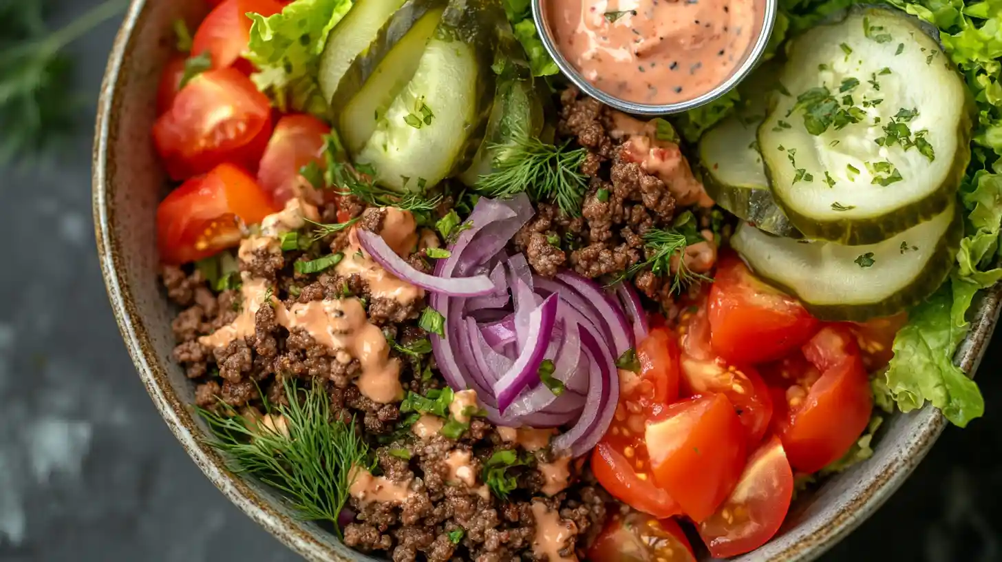 A vibrant burger bowl filled with ground beef, lettuce, tomatoes, and cheese.