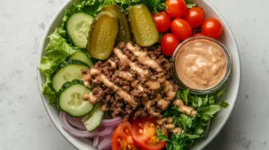 A vibrant burger bowl filled with ground beef, lettuce, tomatoes, and cheese.