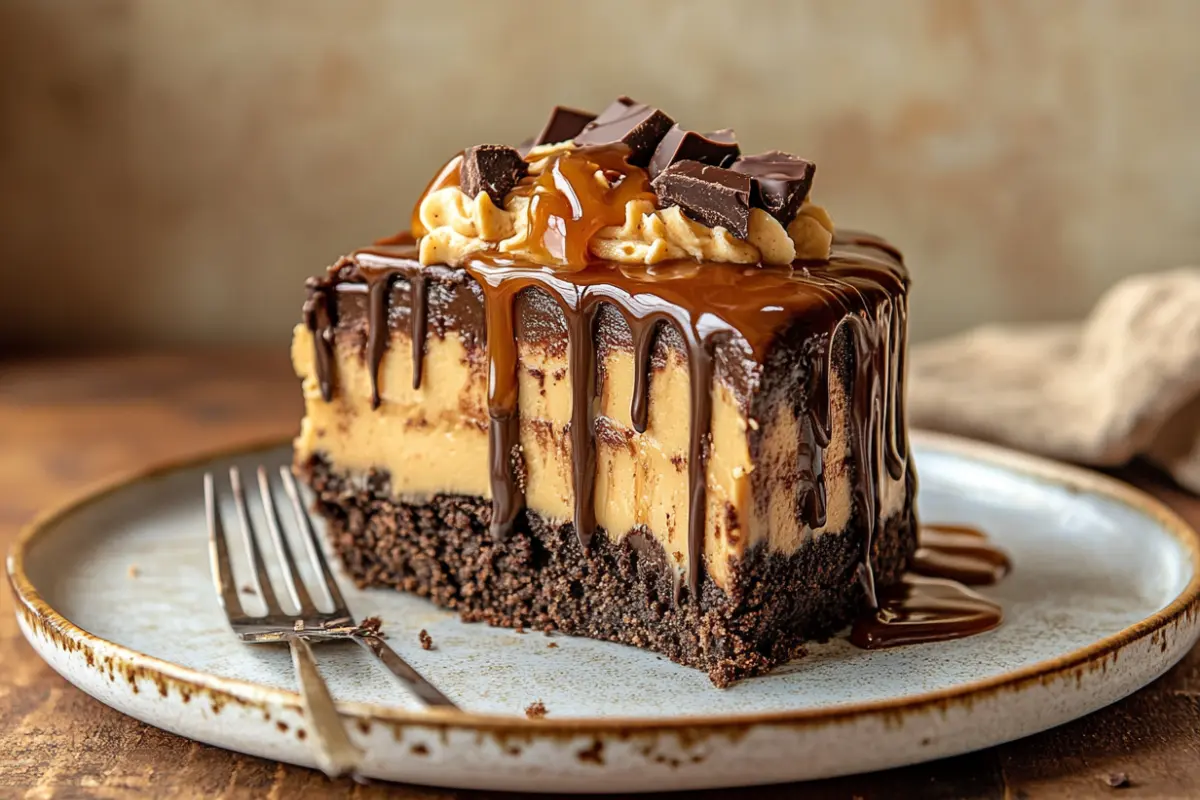 A slice of chocolate peanut butter pie is drizzled with fudge and layered on top, decorated with liquid caramel. The whole cake sits behind it. The background features a golden brown base cream in a beige color. A fork rests next to the plate, which has lines from holding up the cake. It's placed on an old wooden table